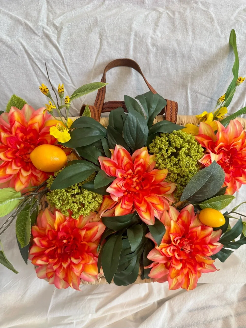 Woven Straw Tote with Orange-Red Floral Accents